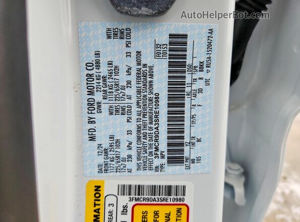 3FMCR9DA3SRE10980 2025 FORD BRONCO White Widok naklejki z numerem VIN