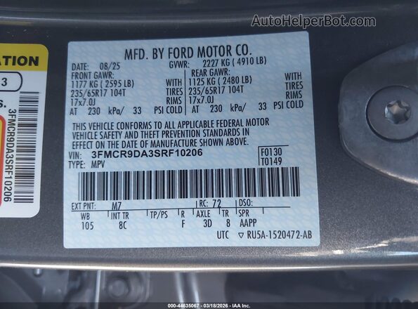 3FMCR9DA3SRF10206 2025 FORD BRONCO SPORT Серый Вид подкапотного пространства