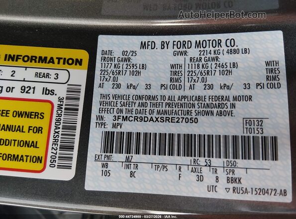 3FMCR9DAXSRE27050 2025 FORD BRONCO SPORT Gray Вид підкапотного простору
