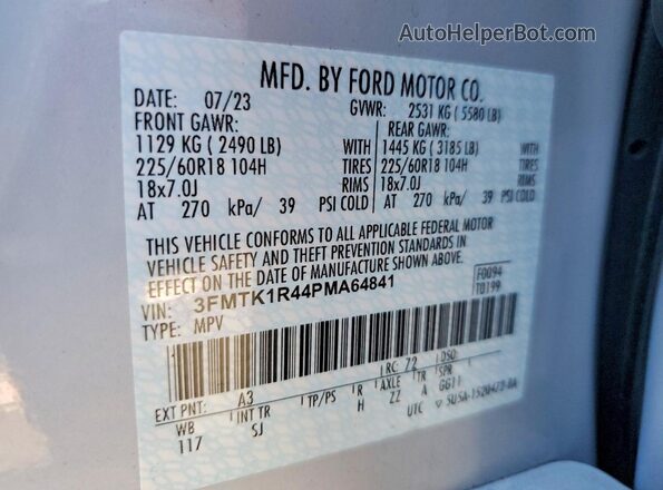 3FMTK1R44PMA64841 2023 FORD MUSTANG White Widok naklejki z numerem VIN