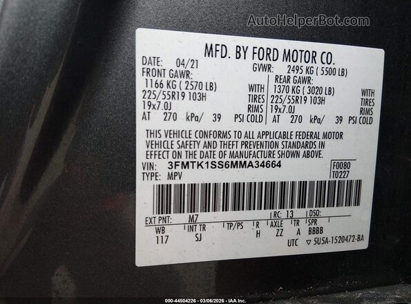 3FMTK1SS6MMA34664 2021 FORD MUSTANG MACH-E Gray Vista del compartimento del motor