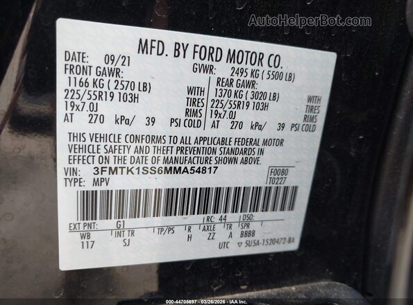 3FMTK1SS6MMA54817 2021 FORD MUSTANG MACH-E Черный Вид подкапотного пространства