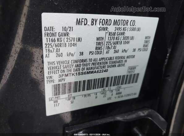 3FMTK1SS6MMA62240 2021 FORD MUSTANG MACH-E Серый Вид подкапотного пространства