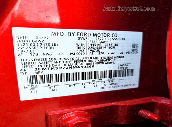 3FMTK3R72NMA19366 2022 FORD MUSTANG MACH-E PREMI Бордовый Панорамный вид салона 360°