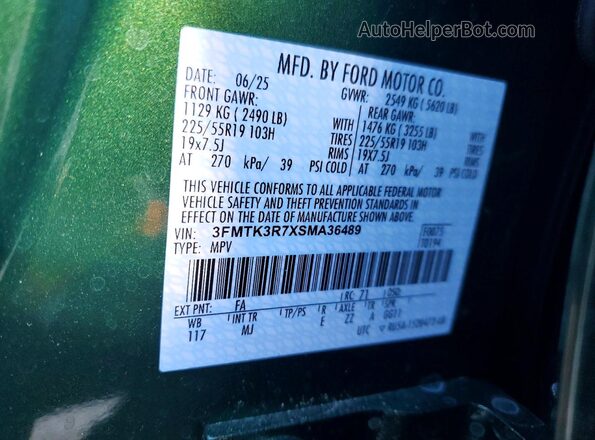 3FMTK3R7XSMA36489 2025 FORD MUSTANG MACH-E PREMI Green Widok naklejki z numerem VIN