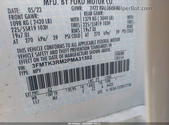 3FMTK3RM2PMA31302 2023 FORD MUSTANG MACH-E PREMI Белый Вид подкапотного пространства