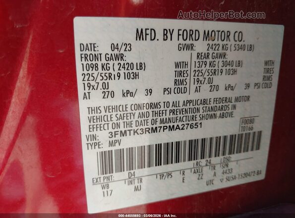 3FMTK3RM7PMA27651 2023 FORD MUSTANG MACH-E PREMI Red Widok komory silnika
