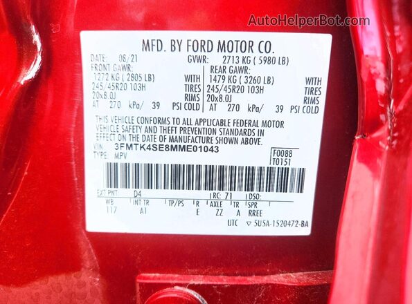 3FMTK4SE8MME01043 2021 FORD MUSTANG Красный Панорамный вид салона 360°