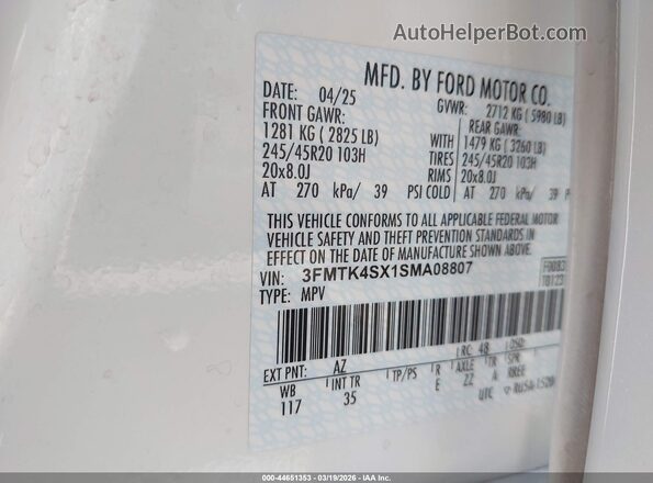 3FMTK4SX1SMA08807 2025 FORD MUSTANG MACH-E Белый Вид подкапотного пространства