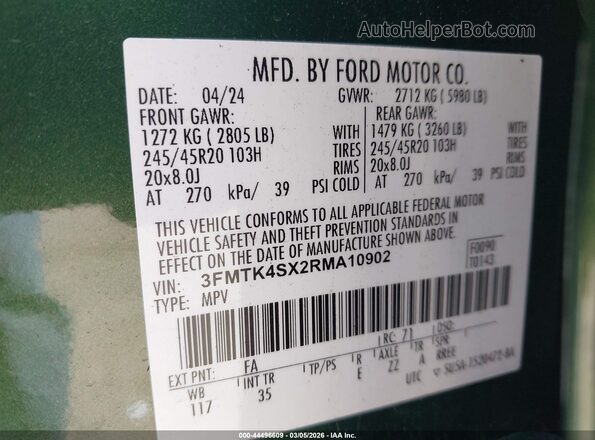 3FMTK4SX2RMA10902 2024 FORD MUSTANG MACH-E Зеленый Вид подкапотного пространства