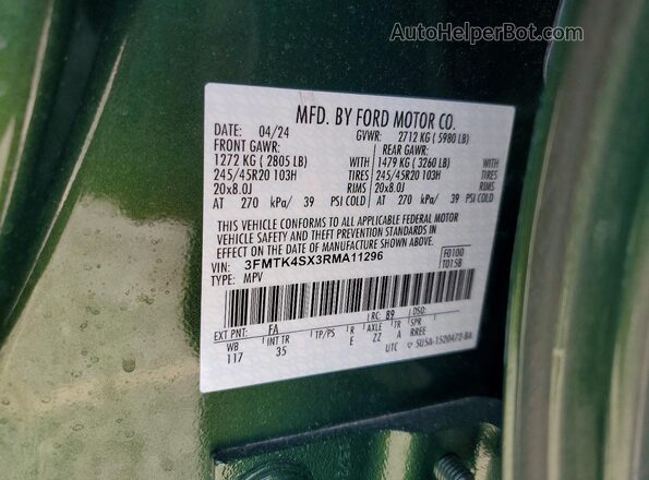 3FMTK4SX3RMA11296 2024 FORD MUSTANG Зеленый Вид наклейки с VIN-кодом