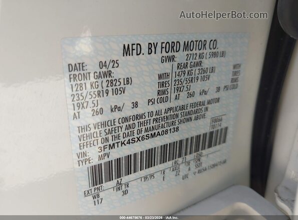 3FMTK4SX6SMA08138 2025 FORD MUSTANG MACH-E Белый Вид подкапотного пространства