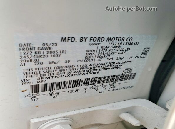 3FMTK4SX9PMA45059 2023 FORD MUSTANG Белый Вид наклейки с VIN-кодом