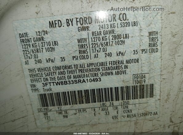 3FTTW8B33SRA10493 2025 FORD MAVERICK Белый Вид подкапотного пространства