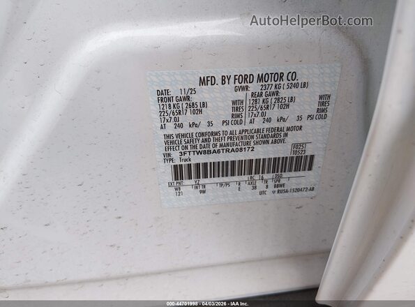 3FTTW8BA6TRA08172 2026 FORD MAVERICK White Widok komory silnika