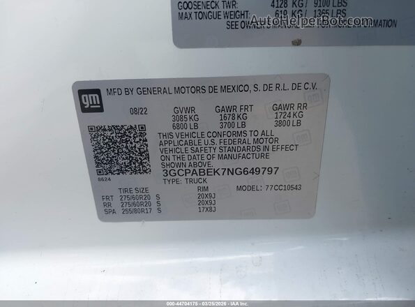 3GCPABEK7NG649797 2022 CHEVROLET SILVERADO Белый Вид подкапотного пространства