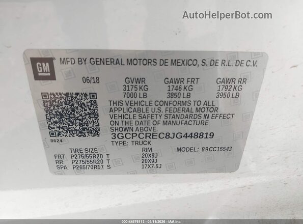 3GCPCREC8JG448819 2018 CHEVROLET SILVERADO White Շարժիչի բաժամունքի տեսք