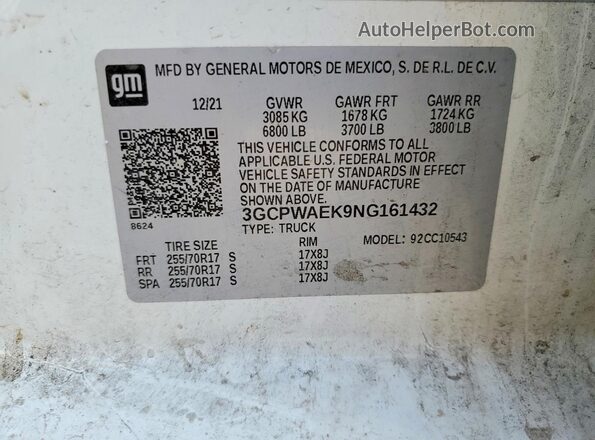 3GCPWAEK9NG161432 2022 CHEVROLET SILVERADO Белый Вид подкапотного пространства