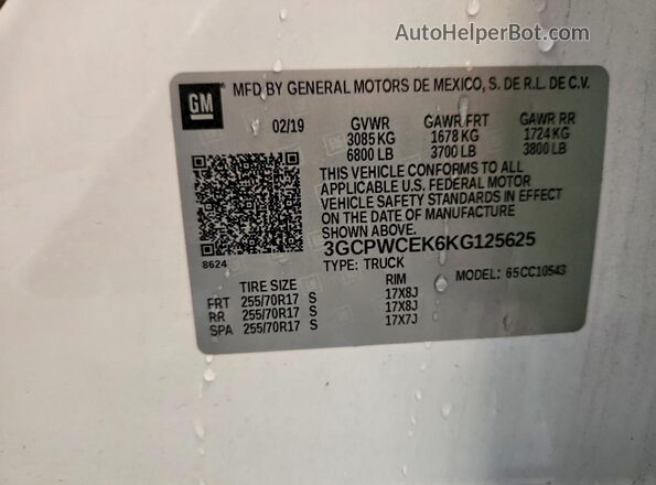 3GCPWCEK6KG125625 2019 CHEVROLET SILVERADO Белый Вид наклейки с VIN-кодом