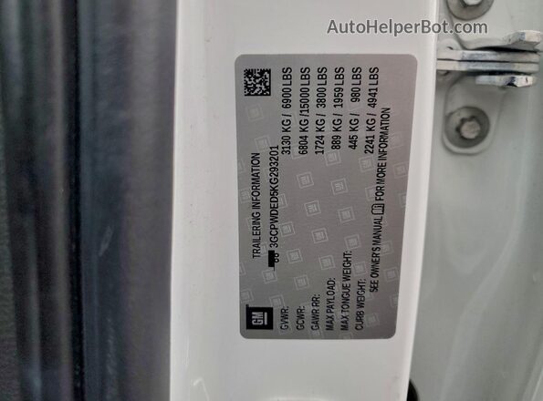 3GCPWDED5KG293201 2019 CHEVROLET SILVERADO Белый Вид наклейки с VIN-кодом