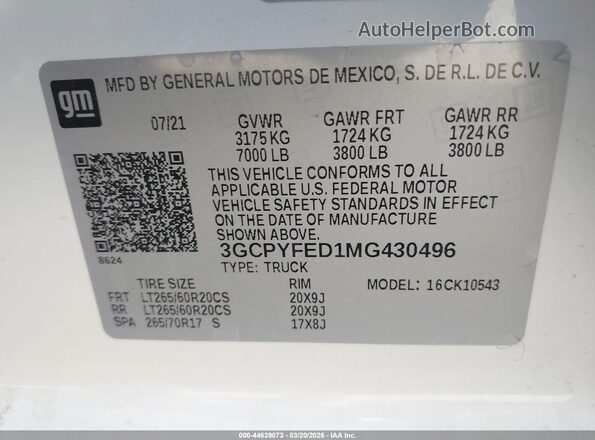 3GCPYFED1MG430496 2021 CHEVROLET SILVERADO Белый Вид подкапотного пространства