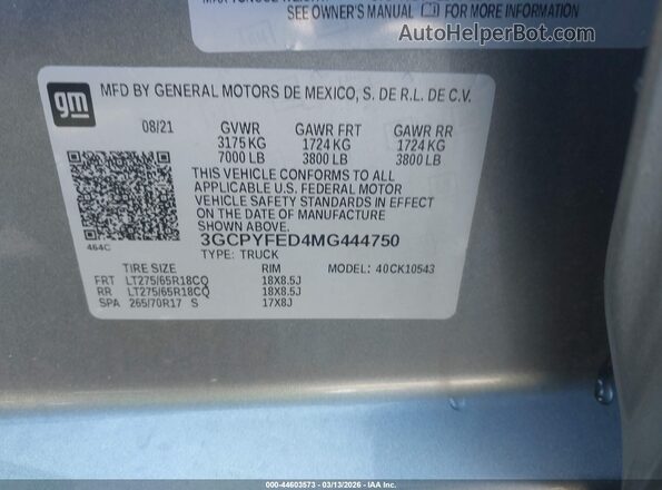 3GCPYFED4MG444750 2021 CHEVROLET SILVERADO Серый Вид подкапотного пространства