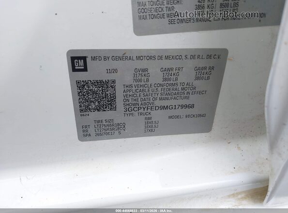 3GCPYFED9MG179968 2021 CHEVROLET SILVERADO Белый Вид подкапотного пространства