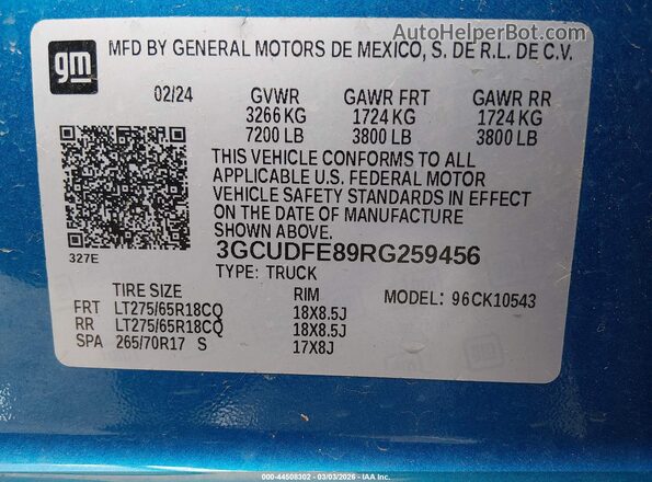 3GCUDFE89RG259456 2024 CHEVROLET SILVERADO Blue Vista del compartimento del motor