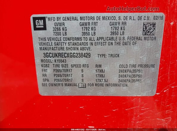3GCUKRECXGG238429 2016 CHEVROLET SILVERADO Красный Вид подкапотного пространства