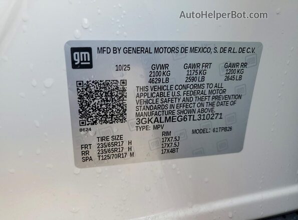 3GKALMEG6TL310271 2026 GMC TERRAIN Белый Вид наклейки с VIN-кодом