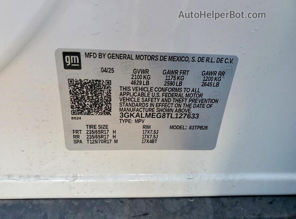 3GKALMEG8TL127633 2026 GMC TERRAIN Белый Вид наклейки с VIN-кодом