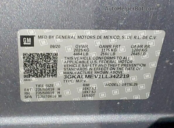 3GKALMEV1LL342219 2020 GMC TERRAIN Gray Widok naklejki z numerem VIN