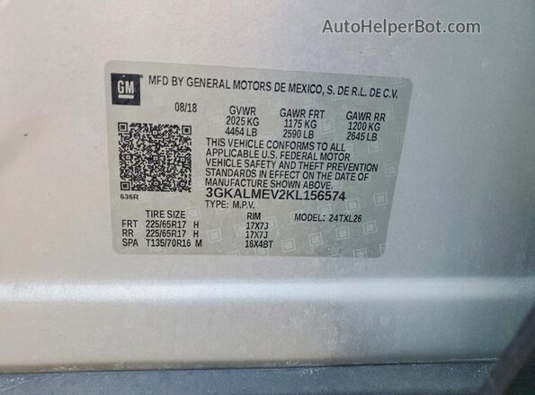 3GKALMEV2KL156574 2019 GMC TERRAIN Silver Vista de la etiqueta del VIN