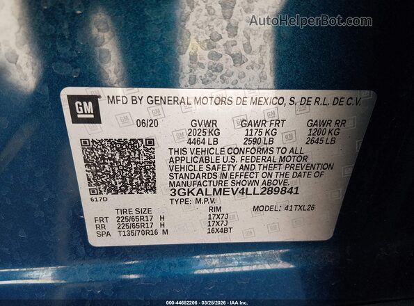 3GKALMEV4LL289841 2020 GMC TERRAIN Blue Շարժիչի բաժամունքի տեսք