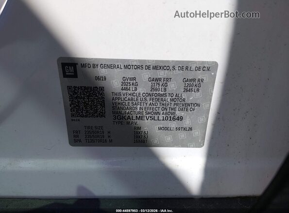 3GKALMEV5LL101649 2020 GMC TERRAIN White Vista del compartimento del motor