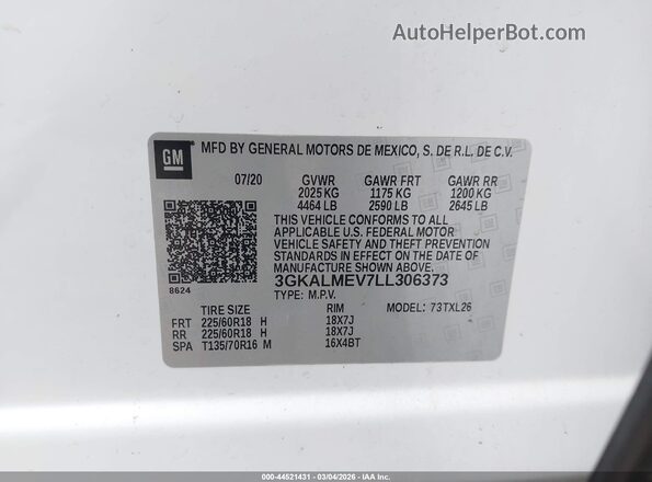 3GKALMEV7LL306373 2020 GMC TERRAIN White Vista del compartimento del motor