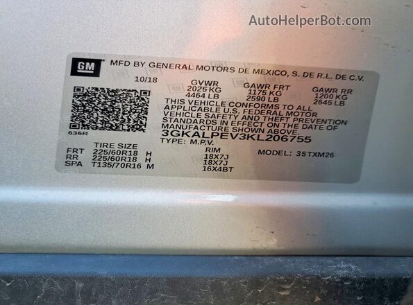 3GKALPEV3KL206755 2019 GMC TERRAIN Серебряный Панорамный вид салона 360°