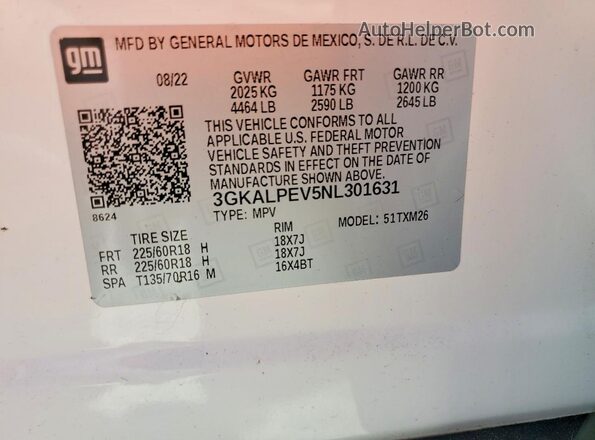 3GKALPEV5NL301631 2022 GMC TERRAIN Белый Панорамный вид салона 360°