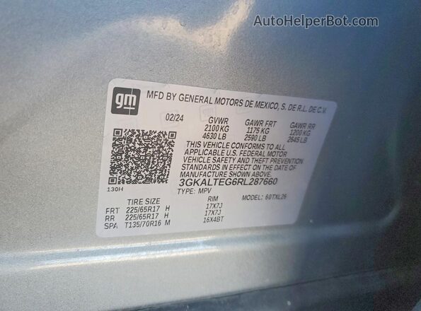 3GKALTEG6RL287660 2024 GMC TERRAIN Серебряный Вид наклейки с VIN-кодом