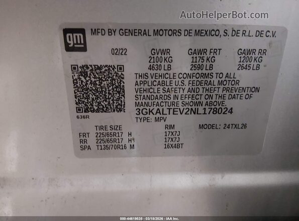 3GKALTEV2NL178024 2022 GMC TERRAIN Silver Vista del compartimento del motor
