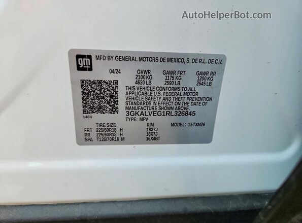 3GKALVEG1RL326845 2024 GMC TERRAIN Белый Панорамный вид салона 360°