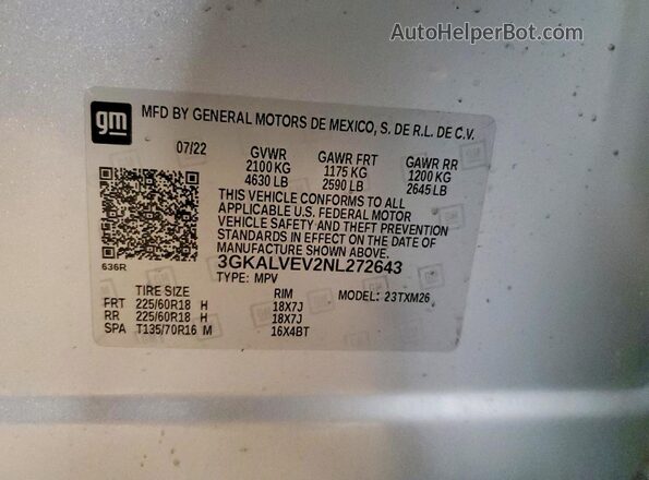 3GKALVEV2NL272643 2022 GMC TERRAIN Silver Widok naklejki z numerem VIN
