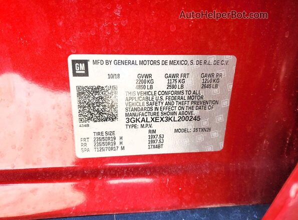 3GKALXEX3KL200245 2019 GMC TERRAIN Red Вид наклейки з VIN-кодом