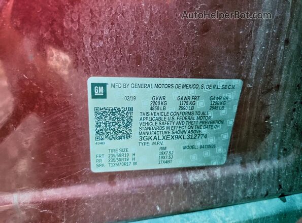 3GKALXEX9KL312774 2019 GMC TERRAIN Red Widok naklejki z numerem VIN