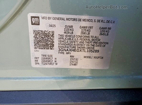 3GNAXHEGXTL105289 2026 CHEVROLET EQUINOX Зеленый Вид наклейки с VIN-кодом