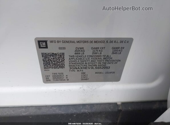 3GNAXHEV3LS652053 2020 CHEVROLET EQUINOX Белый Вид подкапотного пространства