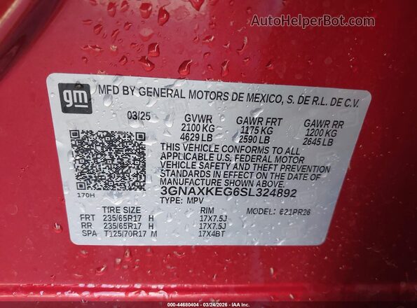 3GNAXKEG6SL324892 2025 CHEVROLET EQUINOX Red ძრავის განყოფილების ხედი