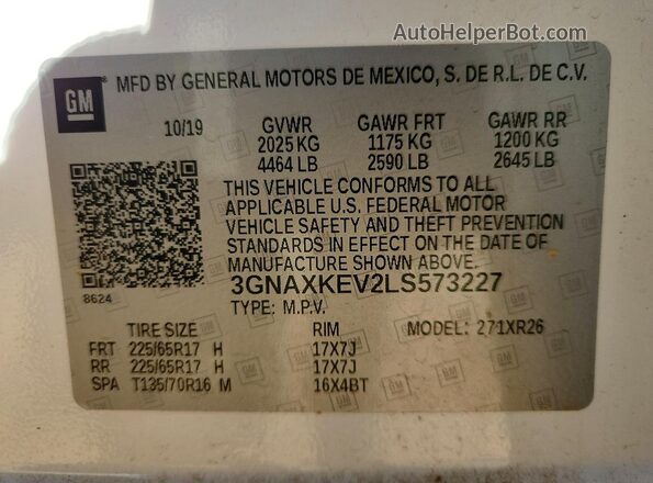 3GNAXKEV2LS573227 2020 CHEVROLET EQUINOX White Widok wnętrza 360 stopni
