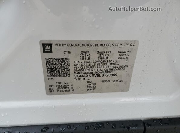3GNAXKEV5LS720009 2020 CHEVROLET EQUINOX Белый Вид наклейки с VIN-кодом