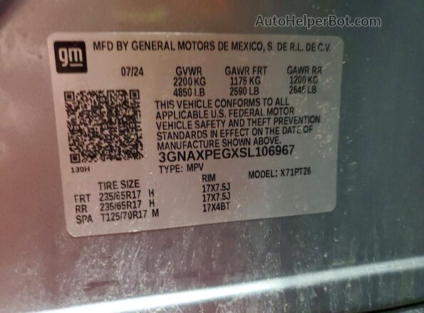 3GNAXPEGXSL106967 2025 CHEVROLET EQUINOX Silver Widok naklejki z numerem VIN